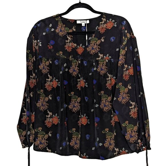 Tucker Bohemian Blouse Japanese Garden in Crepe de Chine Black Silk Floral - Picture 1 of 10